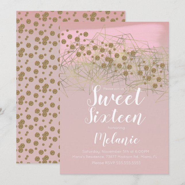 Modern Sweet 16 Rosita Guld Geometrisk Rodnad Inbjudningar (Fram/baksida)