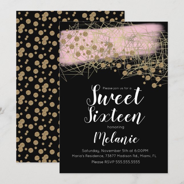 Modern Sweet 16 Rosita Guld Geometrisk Svart Inbjudningar (Fram/baksida)