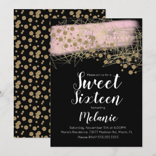 Modern Sweet 16 Rosita Guld Geometrisk Svart Inbjudningar