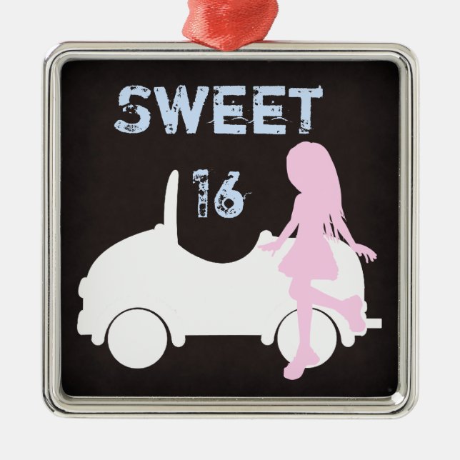 Modern Sweet 16 Silhouette Girl and Car Jul Julgransprydnad Metall (Framsidan)