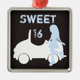 Modern Sweet 16 Silhouette Girl and Car Julgransprydnad Metall