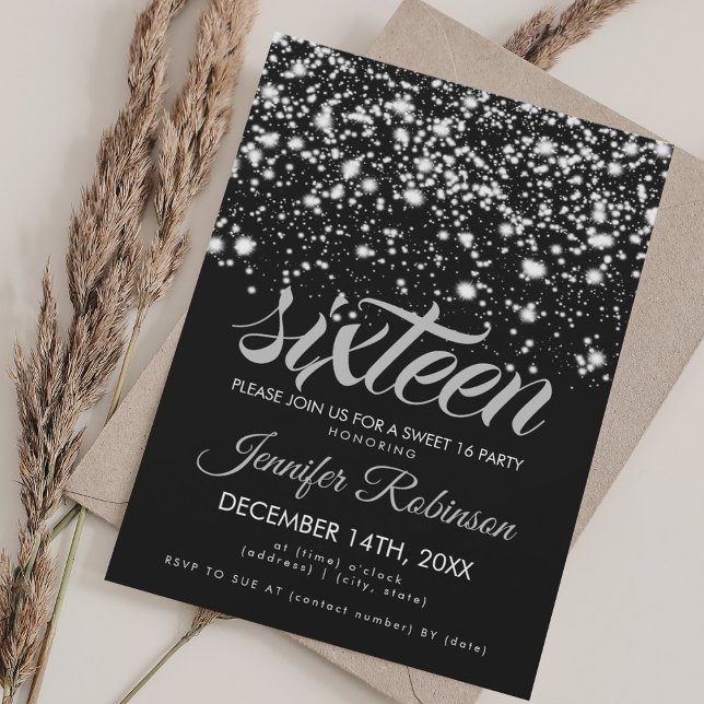 Modern Sweet 16 Silver & Black Midnight Glam Inbjudningar (Modern Sweet 16 Silver & Black Midnight Glam Invitation)
