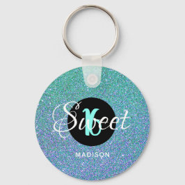 Modern Sweet 16 Teal Aqua Glitter Personlig Nyckelring
