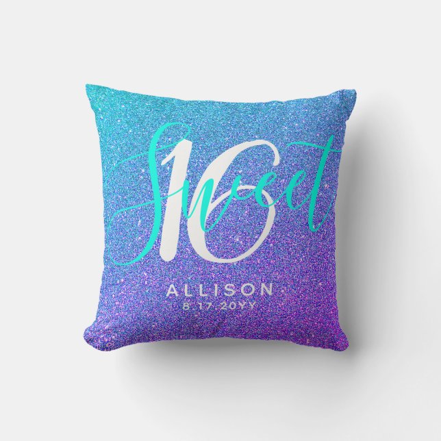 Modern Sweet 16 Teal Lila Glitter Personlig Kudde (Framsida)