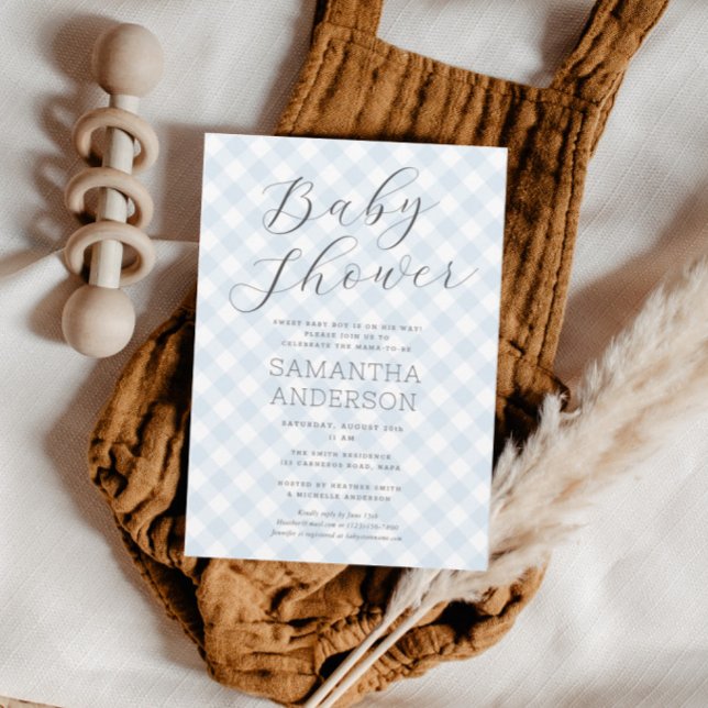Modern + Sweet Blue Gingham Boy Shower Inbjudningar (Modern + Sweet Blue Gingham Boy Baby Shower Invitation)