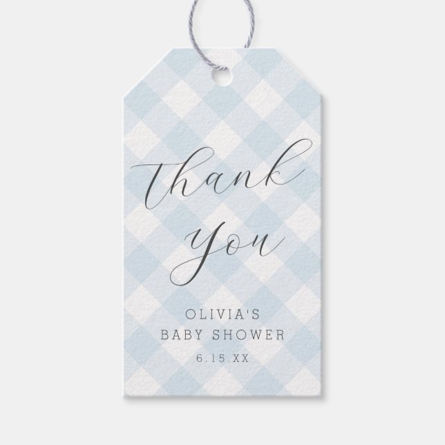 Modern + Sweet Light blue Gingham Baby Shower Presentetikett (Framsidan)