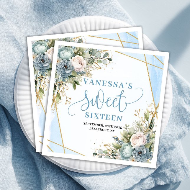 Modern Sweet Sixteen Blue Floral Gold Glitter  Pappersservett (Modern Sweet Sixteen Blue Floral Gold Glitter Paper Dinner Napkins)