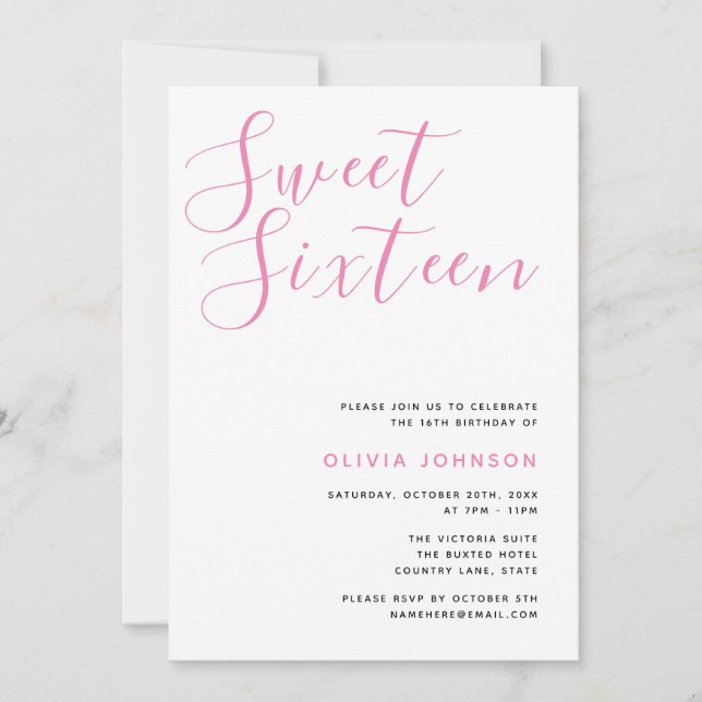 Modern Sweet sixteen Rosa och vita födelsedag Inbjudningar (Framsida)