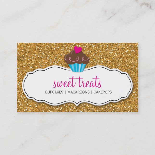 MODERN SWEET söt cupaka rosa guld glitter Visitkort (Framsida)
