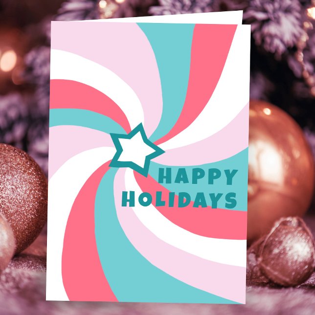 Modern Swirl HAPPY HOLIDAYS Star Custom Christmas Kort (Modern Swirl HAPPY HOLIDAYS Star Pink Green Custom Christmas Card
)
