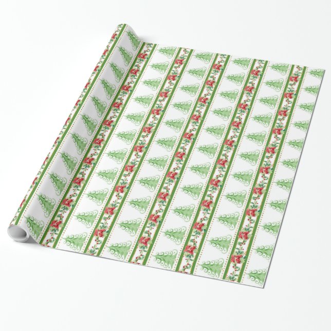 Modern Swirl Julgran Poinsettia Stripe Presentpapper (Utrullad)