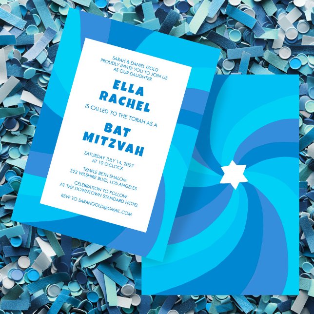 Modern Swirl Star av David Anpassningsbar Pub Bat  Inbjudningar (Modern Swirl Star of David Custom Bar Bat Mitzvah Invitation Blue Stripes Bold Colorful)