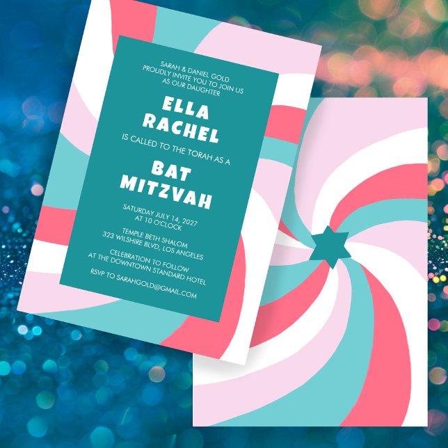 Modern Swirl Star av David Anpassningsbar Pub Bat  Inbjudningar (Modern Swirl Star of David Custom Bar Bat Mitzvah Invitation Pink Green Bold Colorful Chic Cute)