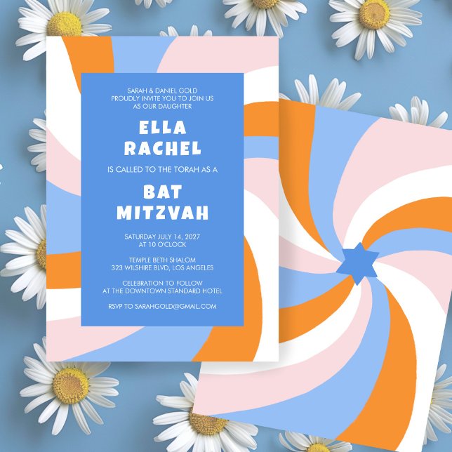 Modern Swirl Star av David Anpassningsbar Pub Bat  Inbjudningar (Modern Swirl Star of David Custom Bar Bat Mitzvah Invitation Colorful Bold Stripes Orange Blue)