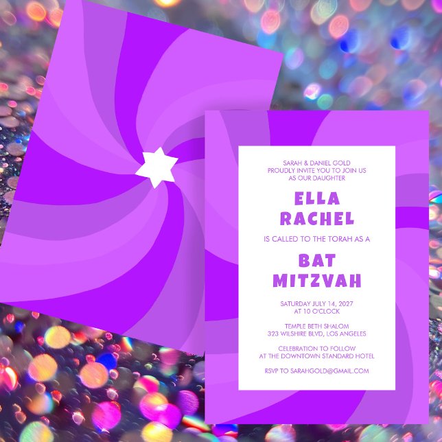 Modern Swirl Star av David Anpassningsbar Pub Bat  Inbjudningar (Modern Swirl Star of David Custom Bar Bat Mitzvah Invitation Purple Colorful Bold
)