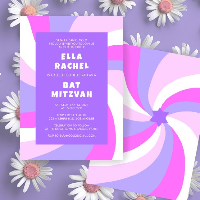 Modern Swirl Star av David Anpassningsbar Pub Bat  Inbjudningar (Modern Swirl Star of David Custom Bar Bat Mitzvah Invitation Purple Pink)
