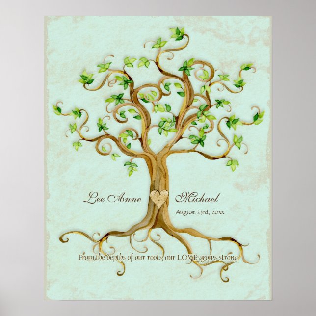Modern Swirl Träd Roots Löv Antique Parchment Poster (Framsidan)