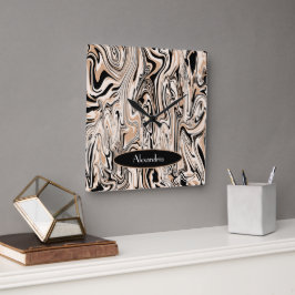 Modern Swirl Watercolor Brown Black Mönster Anpass Fyrkantig Klocka