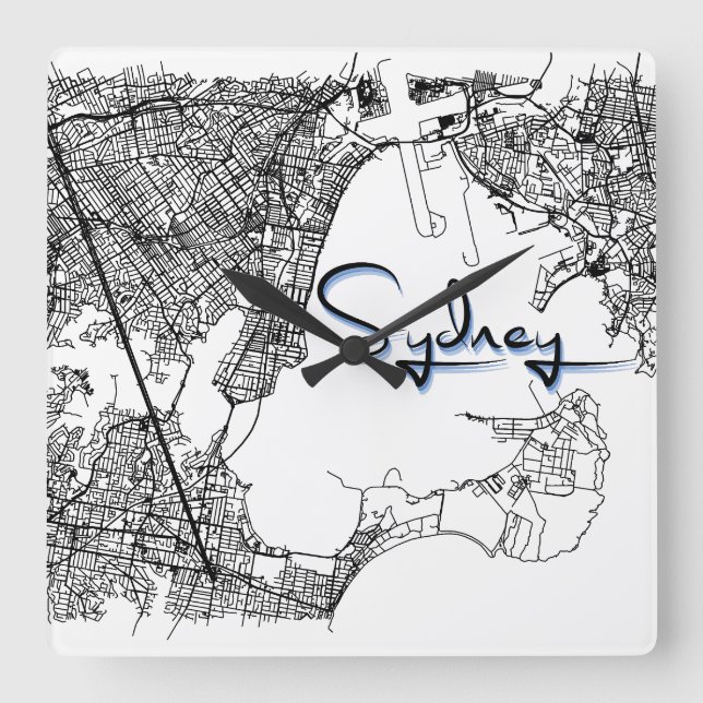 Modern Sydney City Street Map Wall Clock Fyrkantig Klocka (Framsida)