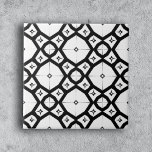 Modern symmetrisk geometrisk svart och vit kakelplatta<br><div class="desc">Den här keramiska plattan har en geometrisk design som fångar upp öga och som är både modern och tidlös. Mönster består av svart linjer som bildar diamantformer och som varje del omger en mindre vit romb med fyra små trianglar i hörnen. Den noggranna arrangemanga i inslag skapar en optisk illusion...</div>