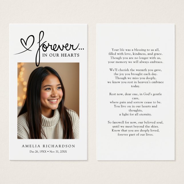 Modern Sympathy Photo Funeral Memorial Prayer Card Visitkort (Framsida & baksida)