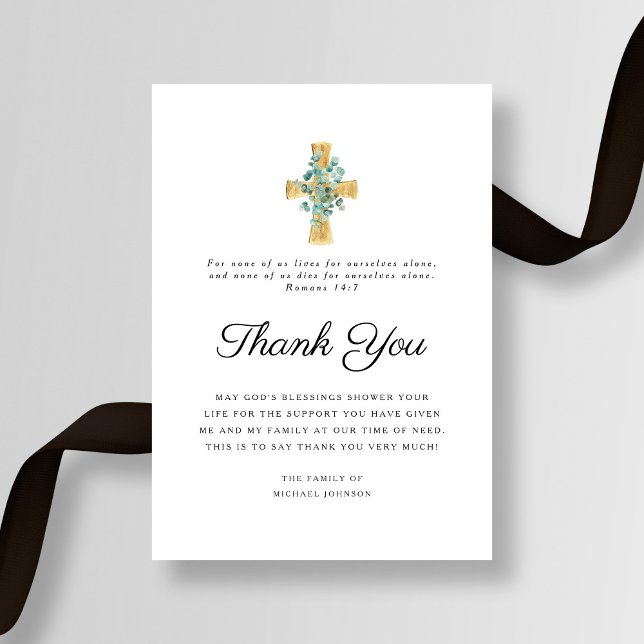 Modern sympati Eucalyptus Kor Funeral Tack Kort (Modern Sympathy Eucalyptus Cross Funeral Thank You Card)