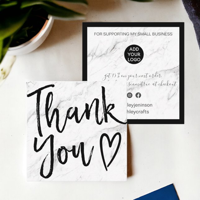 Modern tack för att du skriver order - minimal mar fyrkantigt visitkort (Modern thank you script order minimal marble square business card)