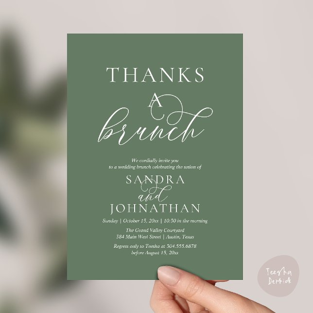Modern Tack för en Brunch Bröllopshelg Celebration Inbjudningar (Modern Thanks a Brunch Modern Wedding Weekend Celebration Invitation Card in Sage Green)