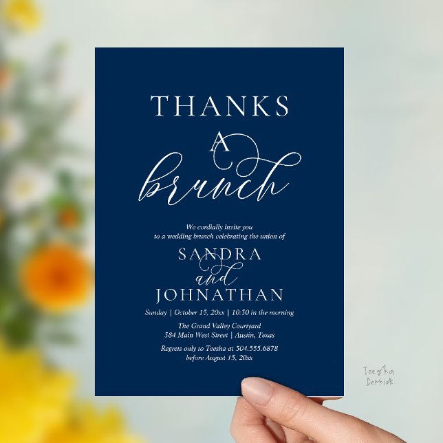 Modern Tack för en Brunch Bröllopshelg Celebration Inbjudningar (Modern Thanks a Brunch Modern Wedding Weekend Celebration Invitation Card in Navy Blue)