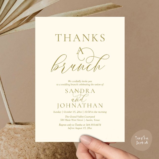 Modern Tack för en Brunch Bröllopshelg Celebration Inbjudningar (Modern Thanks a Brunch Modern Wedding Weekend Celebration Invitation Card in Yellow Cream Gold)