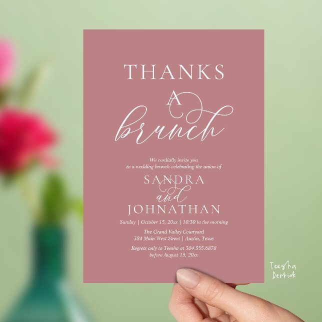 Modern Tack för en Brunch Bröllopshelg Celebration Inbjudningar (Modern Thanks a Brunch Modern Wedding Weekend Celebration Invitation Card in Dusty Rose Pink)