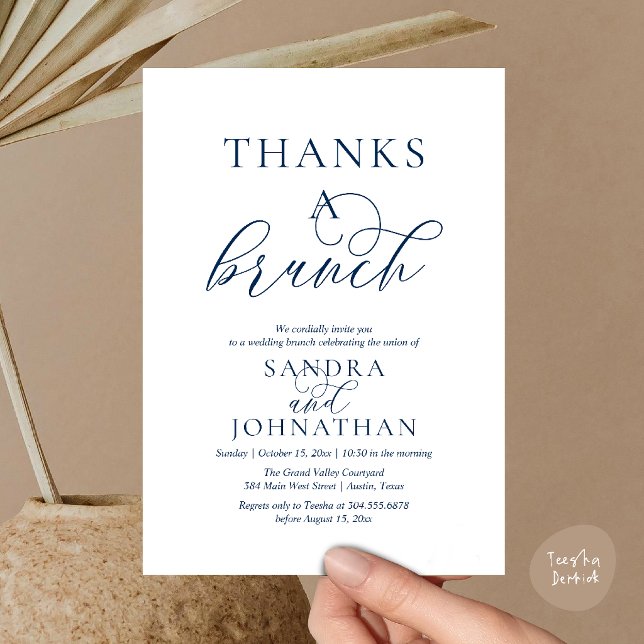 Modern Tack för en Brunch Bröllopshelg Celebration Inbjudningar (Modern Thanks a Brunch Modern Wedding Weekend Celebration Invitation Card in Navy Blue)