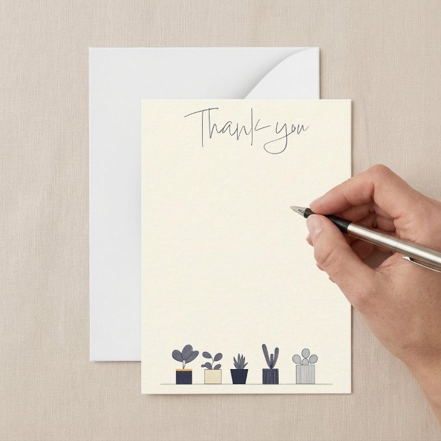 Modern tack för krukväxter anteckningskort (Row of potted house plant modern thank you note card.)