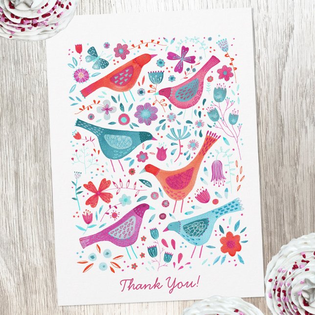 Modern Tack för Personlig av fåglarfärg Kort (Modern watercolor birds and flowers thank you card with custom text)
