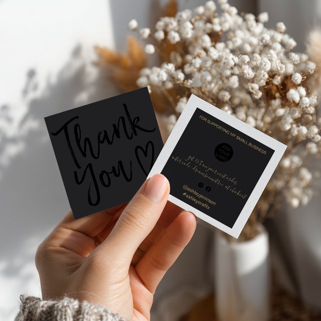 Modern tack för skriptbeställning - minimal svart fyrkantigt visitkort (Modern thank you script order minimal black square business card)
