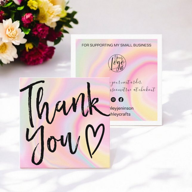 Modern tack för skriptorderholografi fyrkantigt visitkort (Modern thank you script order holographic square business card)