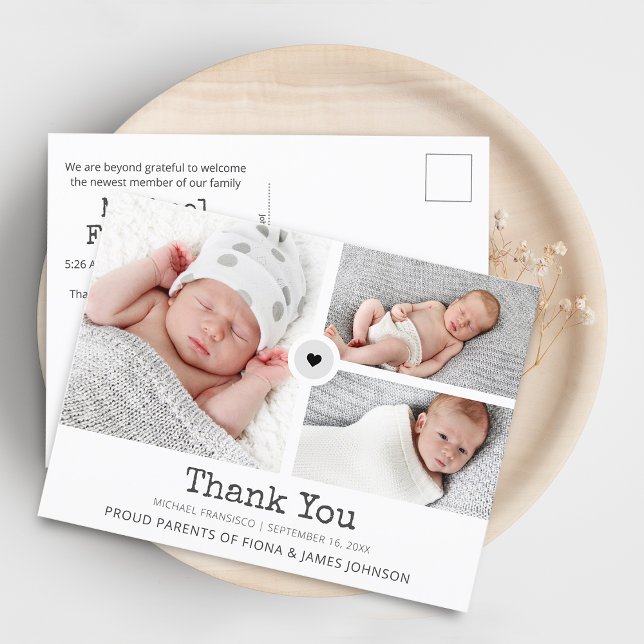 Modern Tack Fotogaller Grid Collage Födelse Meddelande Vykort (Modern Thank You Photos Grid Collage Birth Announcement Postcard)