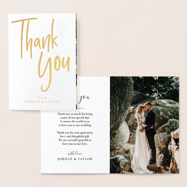 Modern Tack Hand Lettered Bröllop Photo Guld Folierat Kort (Display)