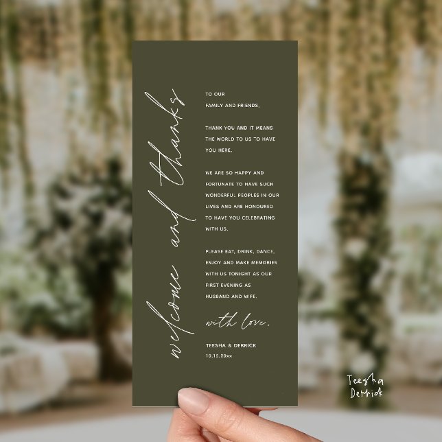 Modern tackkort för bröllopsmiddag program (Welcome and thanks, Modern Wedding Reception Dinner Thank You card, family friends in olive green)