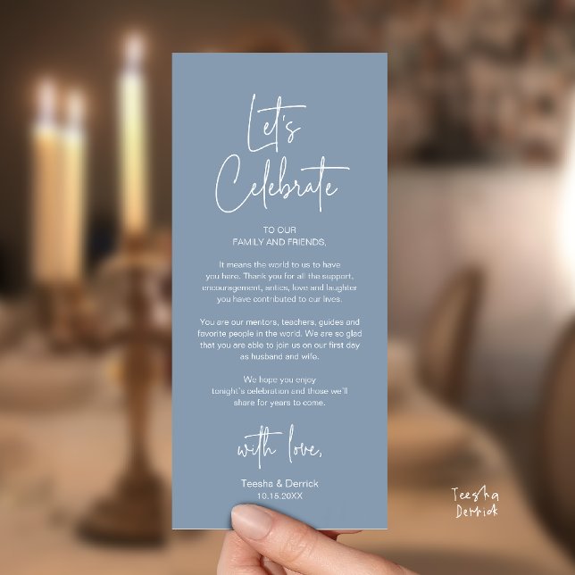 Modern tackkort för tack efter bröllopsmiddag program (Modern Classy Wedding Reception Dinner Thank You Card in Dusty Blue)