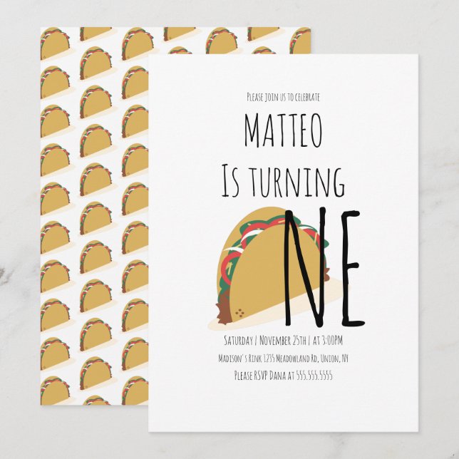 Modern Taco Första Födelsedags En Mönster Inbjudan (Fram/baksida)