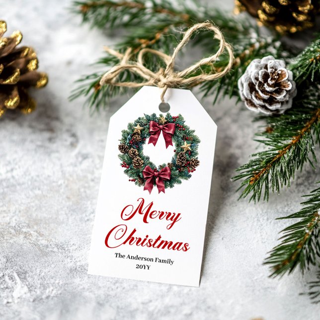 Modern tallrik furu krans presentkort röd grön gul presentetikett (Modern pine wreath gift tag red green gold

)