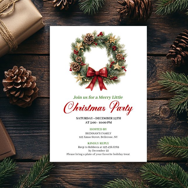 Modern tallrik julkrans julfest redigerbar inbjudningar (Modern Pine Wreath Christmas Party Editable Invitation)