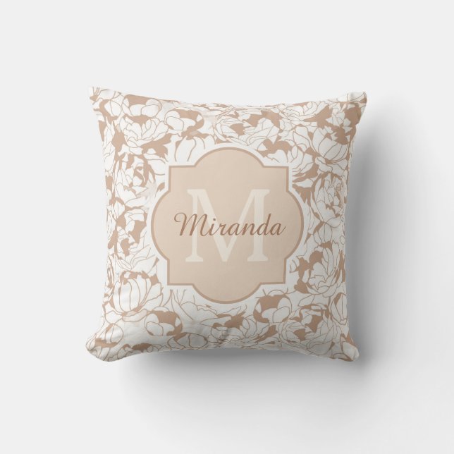 Modern Tan Blommigt Girly Monogram med Namn Kudde (Framsida)