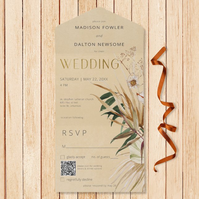 Modern Tan Boho-torkad Blommigt Bouquet QR-kod (Also available without a QR code; with or without dinner selection options.)