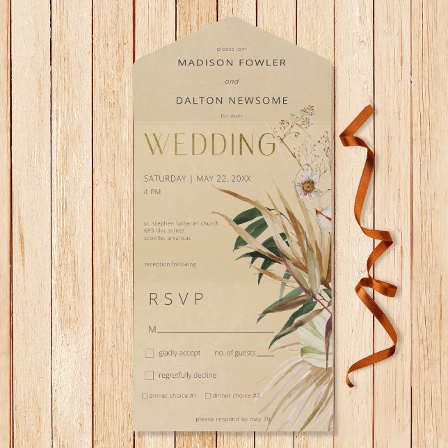 Modern Tan Boho Torkade Blommigt Bouquet-middag (Also available with a QR code or without dinner selection options.)
