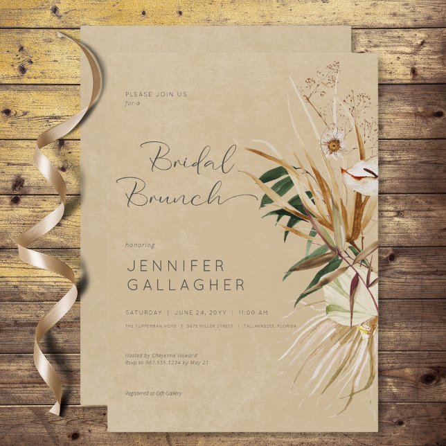 Modern Tan Boho Torkade Blommigt Bouquet Möhippa B Inbjudningar (Modern Tan Boho Dried Floral Bouquet Bridal Brunch Invitation)