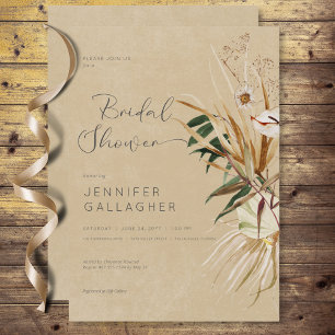 Modern Tan Boho Torkade Blommigt Bouquet Möhippa Inbjudningar