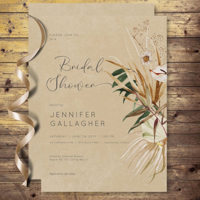 Modern Tan Boho Torkade Blommigt Bouquet Möhippa Inbjudningar (Modern Tan Boho Dried Floral Bouquet Bridal Shower Invitation)