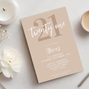 Modern Tan Brown Elegant 21:a födelsedagen Inbjudningar